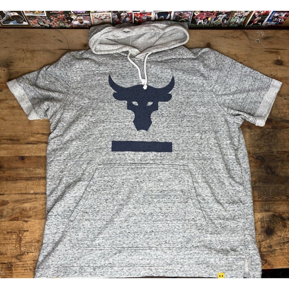 Under Armour Project Rock Hoodie Mens Large Gray Pullover Short Sleeve Pocket